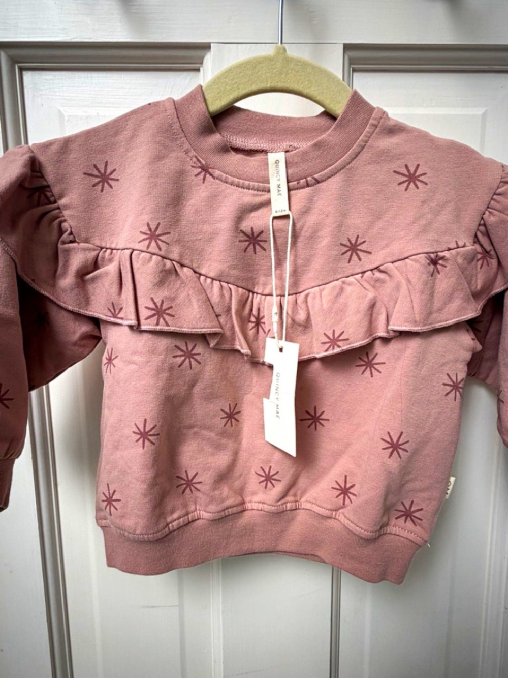 Quincy Mae Girls 6-12M Dusty Pink Star Print Ruffle Crewneck Pullover Sweatshirt